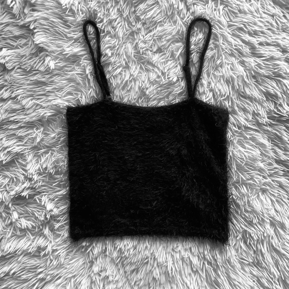 Black fuzzy crop tank top